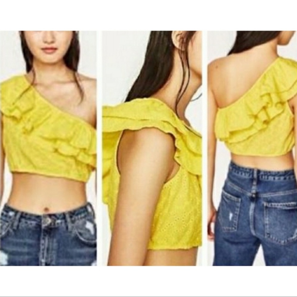 Zara | Trafaluc Yellow Crochet Ruffle Crop Top | Size Small